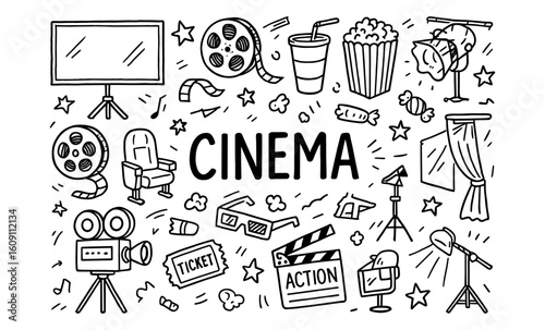 Doodle cinema elements: creative hand drawn movie icons and film symbols