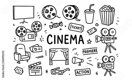 Hand drawn cinema elements with movie icons and film equipment in doodle style