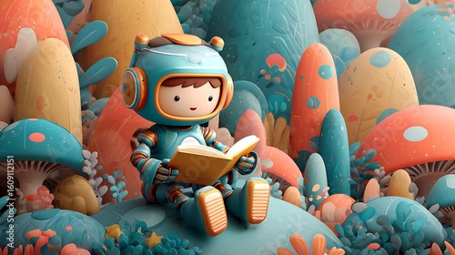 Adorable robot child reading joyfully in colorful cartoon style discovering wonder playful futuristic digital scene