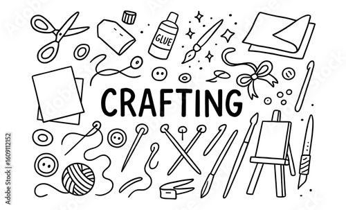 Crafting essentials in black and white line art for creative projects