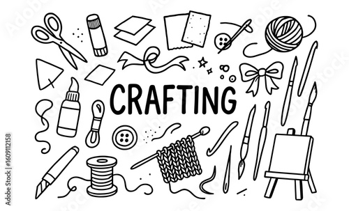 Crafting tools and supplies in hand-drawn doodle style