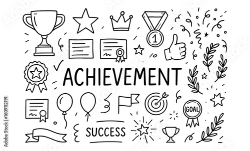Doodle style success and achievement symbols collection