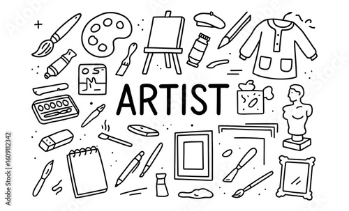 Art tools doodle set featuring brushes, easel, palette, and creative supplies