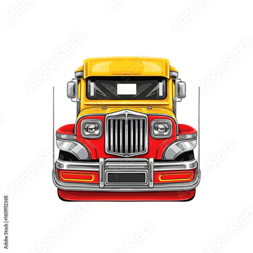 Modern Filipino Jeepney Front in Abstract Chrome, Yellow, and Red Symmetrical Vector Design