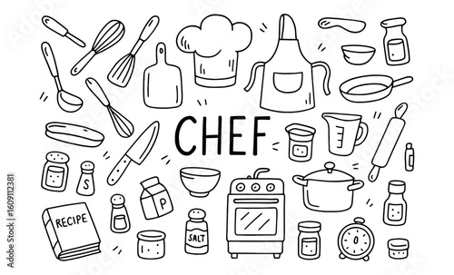 Hand-drawn chef tools and utensils collection for kitchen enthusiasts