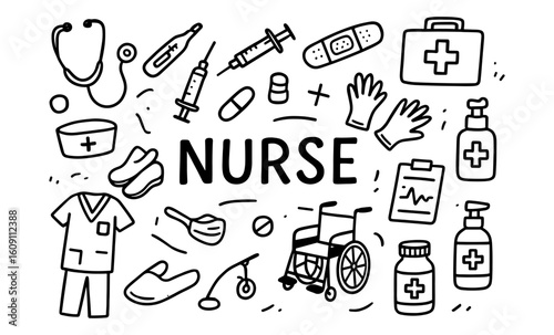 Healthcare doodle icons: nurse tools and equipment