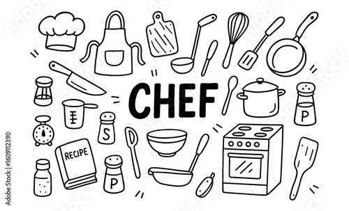 Hand drawn chef tools doodle featuring kitchen utensils and appliances