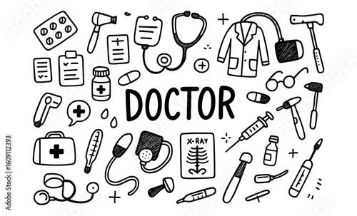 Hand drawn medical doodles: doctor tools and symbols