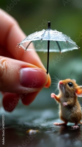 Tiny Mouse Reaching for a Miniature Umbrella Held by a Human Hand on a Rainy Day with Water Droplets