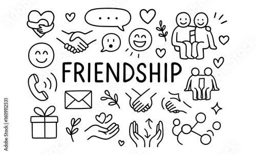 Doodle icons celebrating friendship: handshakes, smiles, and togetherness