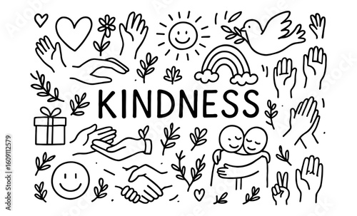 Expressing kindness through doodle art with heartfelt symbols and positive imagery