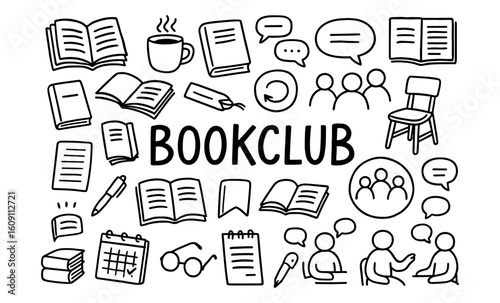 Doodle book club elements with books, coffee, and conversations