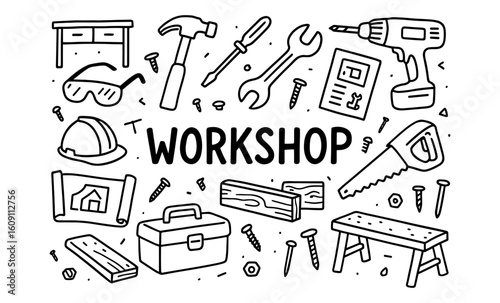 Hand-drawn workshop tools: hammer, saw, drill, and more in doodle style