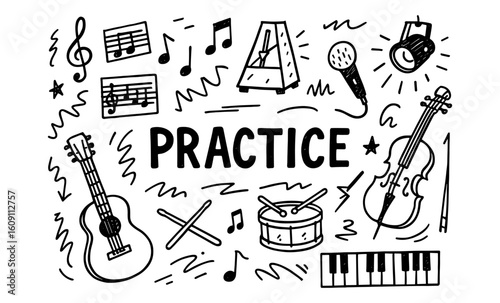 Music practice doodle art with instruments and notes in black and white