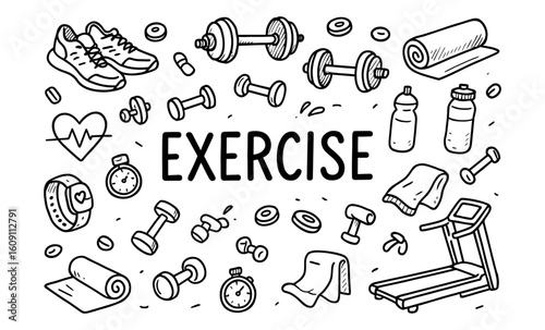 Hand drawn fitness equipment collection with exercise icons