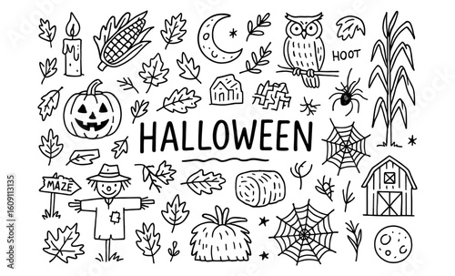 Halloween doodle collection: pumpkins, leaves, and spooky symbols in black and white