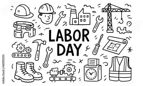 Labor day doodle set with tools, hard hat, and construction themes in black and white