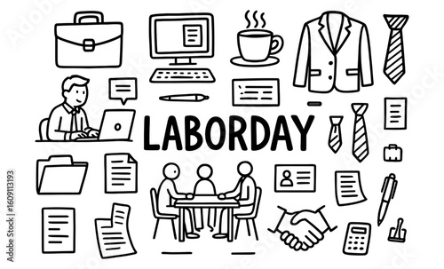 Hand drawn labor day office elements and icon set
