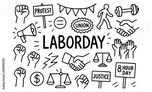 Labor day doodle set featuring protest themes and worker rights symbols