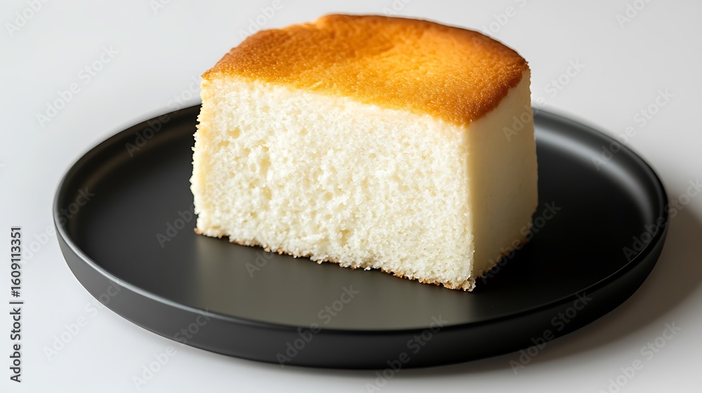 Angel food cake slice served on matte black plate with soft white background Angel food cake slice served on matte black plate with soft white background