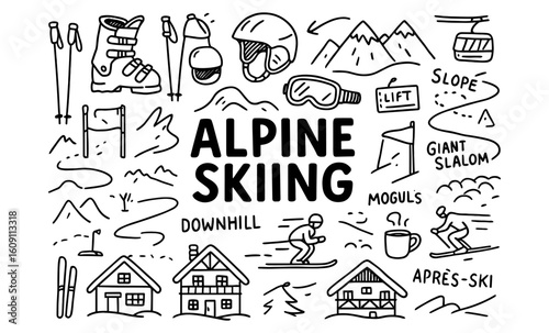 Winter sports outline design featuring ski equipment and alpine scenes