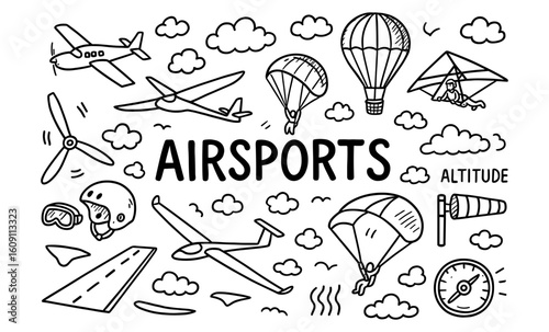Adventure air sports doodles: paragliding, gliding, and sky fun elements