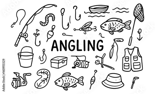 Black and white angling icons featuring fish, fishing rod, and tackle