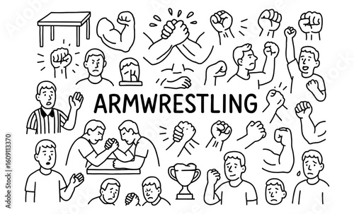 Hand drawn arm wrestling doodle set with competitive poses and expressions