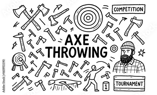 Axe throwing competition doodle with targets and contestants