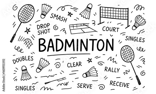 Hand drawn badminton elements with doodles of racket, shuttlecock, and court