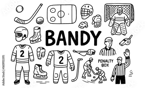 Bandy icons and equipment in hand-drawn doodle style for sports enthusiasts
