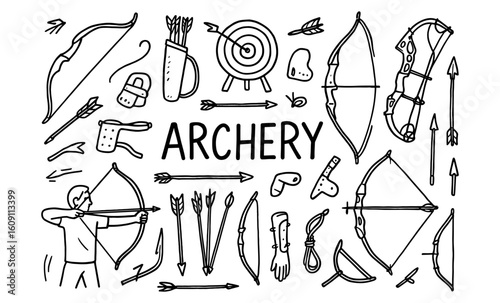 Hand-drawn archery elements with bows, arrows, and targets