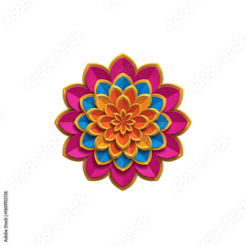 Abstract 3D Indian Rangoli Flower Vector with Layered Petals