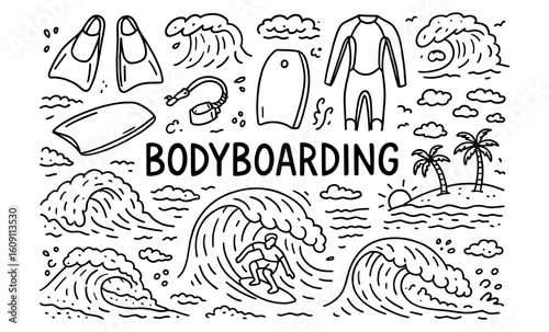 Black and white doodle of bodyboarding elements and ocean waves