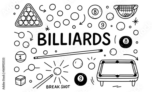 Hand-drawn billiards elements featuring cue and pool table