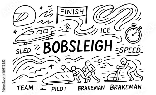 Bobsleigh doodle art featuring sled, ice, and finish line in dynamic black and white
