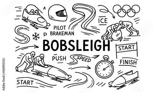 Bobsleigh doodle art: dynamic winter sport elements and symbols