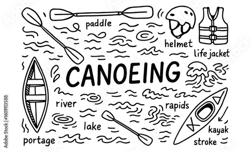 Hand-drawn canoeing elements: paddles, helmets, rivers, and kayaks in black and white doodle style