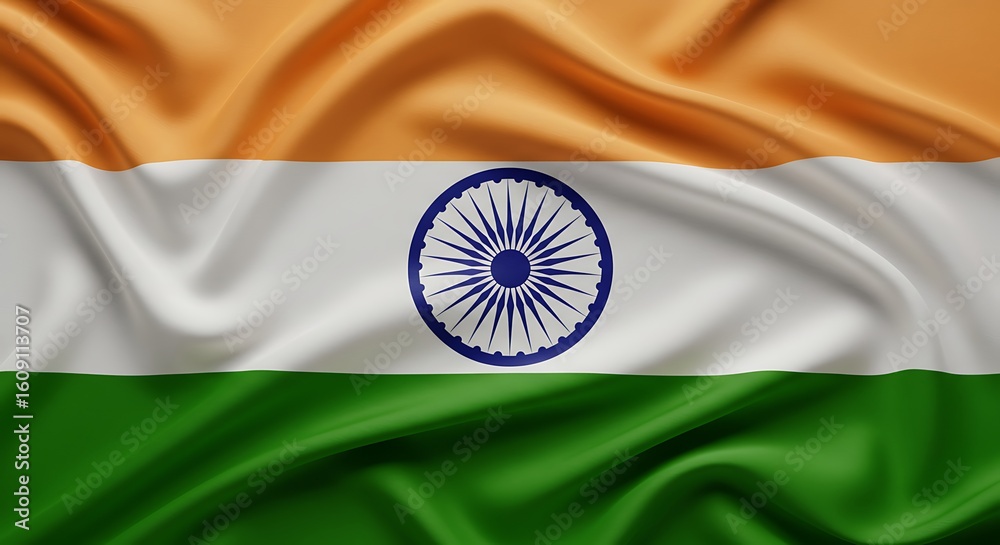 Naklejka premium The national flag of India with its saffron, white, and green tricolor and the Ashoka Chakra, rendered in a beautiful, flowing silk texture.