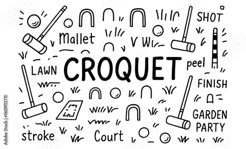 Croquet game elements doodle: mallet, hoops, balls, and lawn patterns