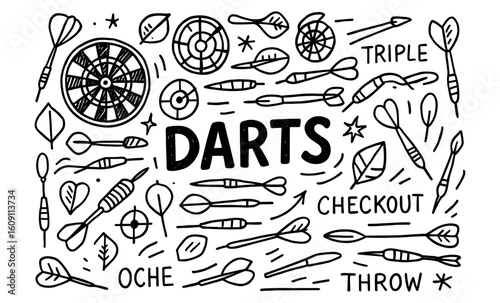 Hand drawn darts elements with targets, arrows, and game terms