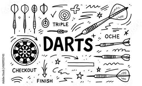 Hand drawn darts elements and targets in creative doodle style