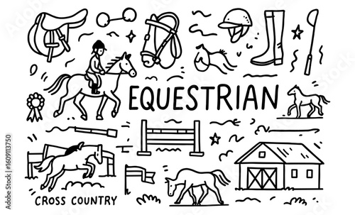 Equestrian cross country doodles: rider, equipment, horses, and obstacles