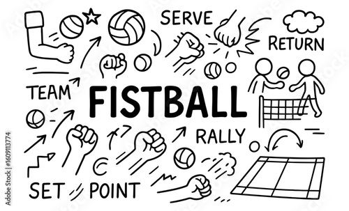 Hand-drawn fistball sketch: fun elements and dynamic action in sport doodles