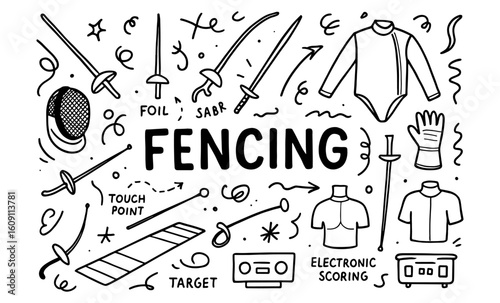 Fencing equipment and techniques doodle art with swords and protective gear