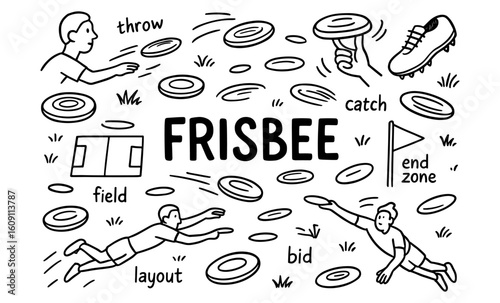 Ultimate frisbee basics: icons of throws, catches, and field layout in black and white