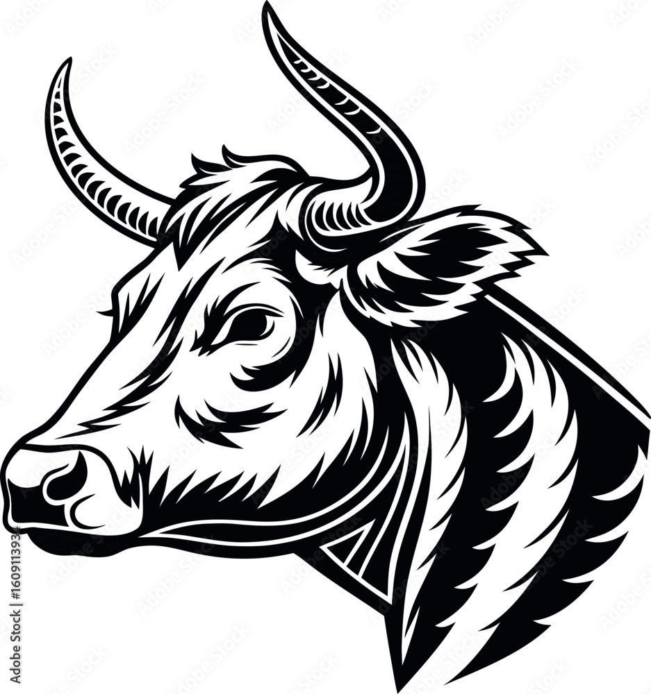 Obraz premium Black vector cow head icon, detailed horns and ears, silhouette style.