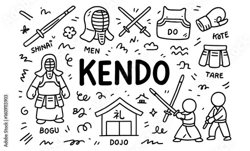 Kendo practice elements in doodle style with equipment and techniques