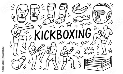 Hand drawn kickboxing equipment and fighters in action with boxing ring