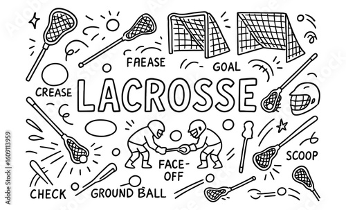 Lacrosse doodle art with players, sticks, and goals in black and white illustrations